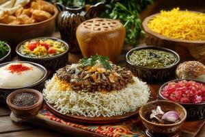 Delicious pilaf with various side dishes, including sauces and salads, served on a rustic wooden table. photo