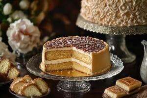 Delicious layered cake with caramel frosting, sliced, on a glass stand, surrounded by flowers and other treats. photo