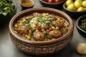 Delicious tagine with meatballs, chickpeas, and couscous in a rustic bowl. photo