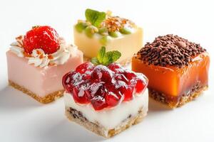 Four assorted mini cheesecakes with various toppings. photo