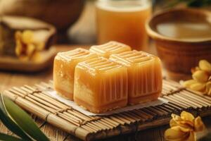 Four golden, translucent, square candies on a bamboo mat, accompanied by tea and flowers. photo