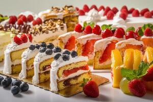 Assorted fruit cakes and pastries displayed on a white surface. photo