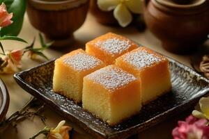 Four golden-brown, powdered-sugar mini cakes on a dark square plate, surrounded by flowers and teacups. photo