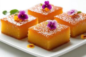 Four square golden delicious cakes decorated with tiny purple and yellow flowers, dusted with powdered sugar, on a white plate. photo