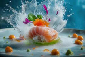 Salmon nigiri sushi with foam, caviar, and garnish, water splash. photo