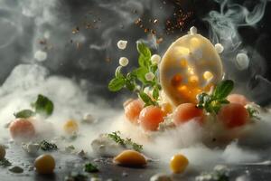 Molecular gastronomy dessert with melon, herbs, and dry ice. photo