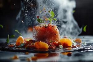 Steaming salmon dish with herbs and spices. photo