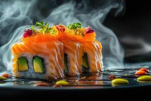 Steaming salmon sushi rolls with avocado, caviar, and microgreens on a dark plate. photo