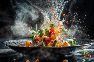Steaming seafood dish with colorful caviar, herbs, and sauce explosion. photo