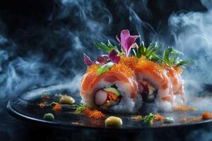 Steaming sushi rolls with salmon, vegetables, and tobiko. photo