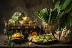 Still life of assorted Asian sweets and desserts on rustic wooden table. photo