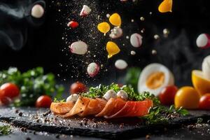 Smoked salmon appetizer with radish, cheese, and herbs. photo