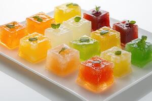 Colorful fruit jellies arranged on a white square plate. photo