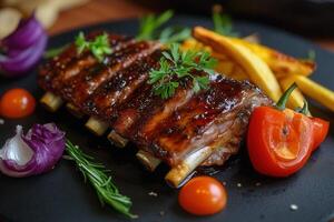 Delicious BBQ ribs served with roasted potatoes, cherry tomatoes, and red pepper on a dark plate. photo