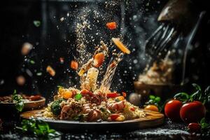 Delicious couscous with vegetables and seafood, mid-air. photo