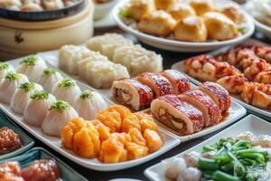 Delicious dim sum variety on white plates. photo