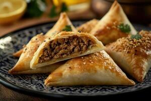 Delicious, golden-brown, triangular pastries filled with savory ground meat. Close-up view of several pastries on a decorative plate. Fresh, crispy, and aromatic, suggesting Middle Eastern cuisine. photo