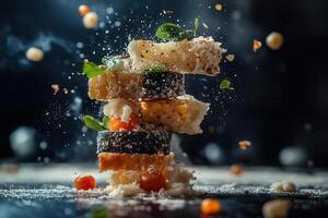 Delicious gourmet sandwiches stacked high in the air, garnished with fresh herbs, flying food particles and colorful toppings. photo