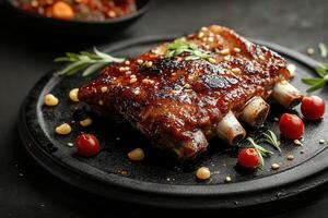 Delicious grilled pork ribs with rosemary and cherry tomatoes on a black plate. photo