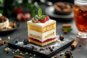 Delicious layered cake dessert with fresh raspberries, mint, and powdered sugar on a dark slate plate. photo