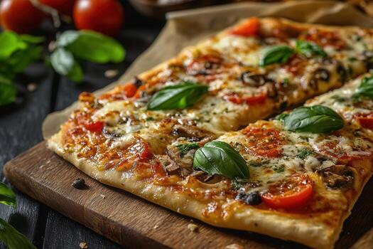 Delicious rectangular pizza with mushrooms, tomatoes, and basil on a wooden board. photo