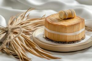 Delicious round cheese with pastry on wooden plate. photo