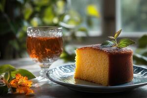 Delicious slice of cake and tea near window. photo
