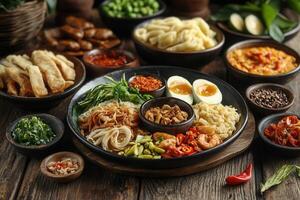 Diverse Asian cuisine, noodles, shrimp, eggs, vegetables, sauces, spices on rustic wooden table. photo