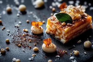 Elegant dessert presentation layered cake with edible flowers, cocoa, and white cream on dark background. photo