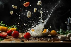 Exploding egg yolk with vegetables and spices on wooden board. photo