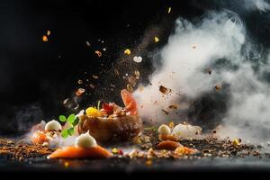 Exploding gourmet seafood dish with smoke, spices, and vibrant colors. photo