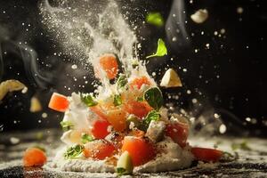 Exploding vibrant salad with flour, herbs, and citrus. photo
