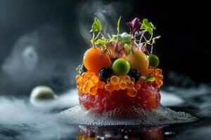 Exquisite, colorful, plated dish of raw fish, topped with fresh herbs, berries and caviar, on a bed of foam, with steam rising. photo
