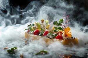 Exquisite culinary masterpiece with vibrant edible flowers and herbs, presented with smoke and precision. photo