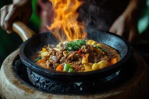 Flaming beef stir-fry in a sizzling hot pan. photo