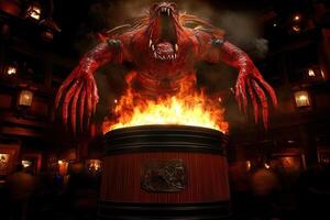 Fiery demonic creature animatronic rises from a barrel in a dark room. photo