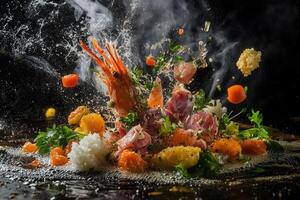 Exploding shrimp and vegetables culinary action shot. photo