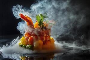 Exquisite shrimp dish with smoke and colorful garnish. photo