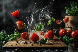 Fresh tomatoes and basil splashing on wooden board. photo