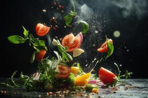 Fresh vegetables levitate, spices fall, creating a vibrant food image. photo