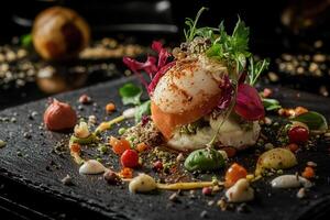 Gourmet food plate with colorful garnishes. photo