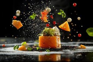 Gourmet salmon dish with flying ingredients. photo