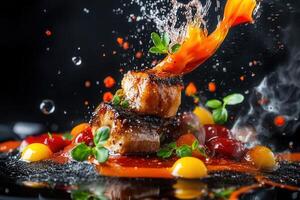 Gourmet food presentation with splashes and smoke. photo