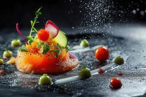 Gourmet salmon dish with herbs, vegetables, and sauce on a dark plate. photo