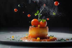 Gourmet polenta dish with tomato sauce, cherry tomatoes, and parsley garnish, captured mid-air with sauce and water droplets in motion. photo