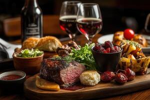 Grilled steak, roasted vegetables, and beer on a wooden board. photo