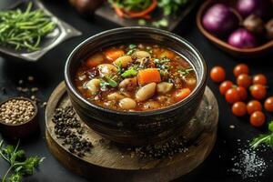 Hearty bean soup in rustic bowl with fresh vegetables. photo