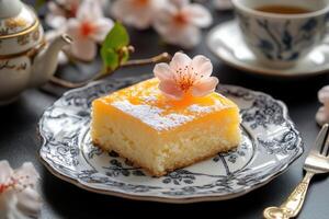 Lemon curd cake slice on vintage plate with tea and blossoms. photo