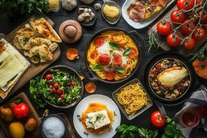 Overhead shot of a variety of delicious Italian food. photo