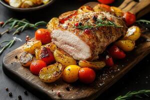 Roasted pork loin with roasted vegetables on wooden board. photo